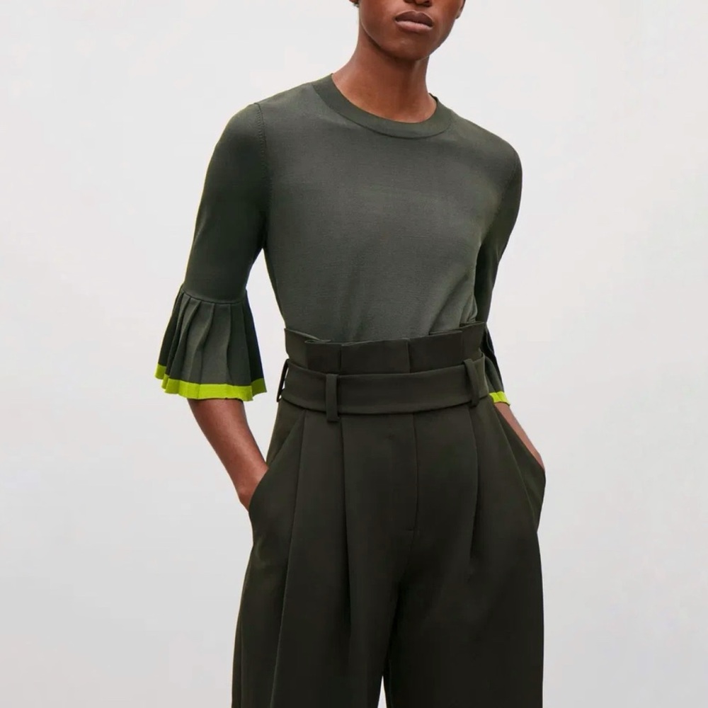 COS Knitted Olive Green Top Pleated Sleeves Blouse Sz Small
